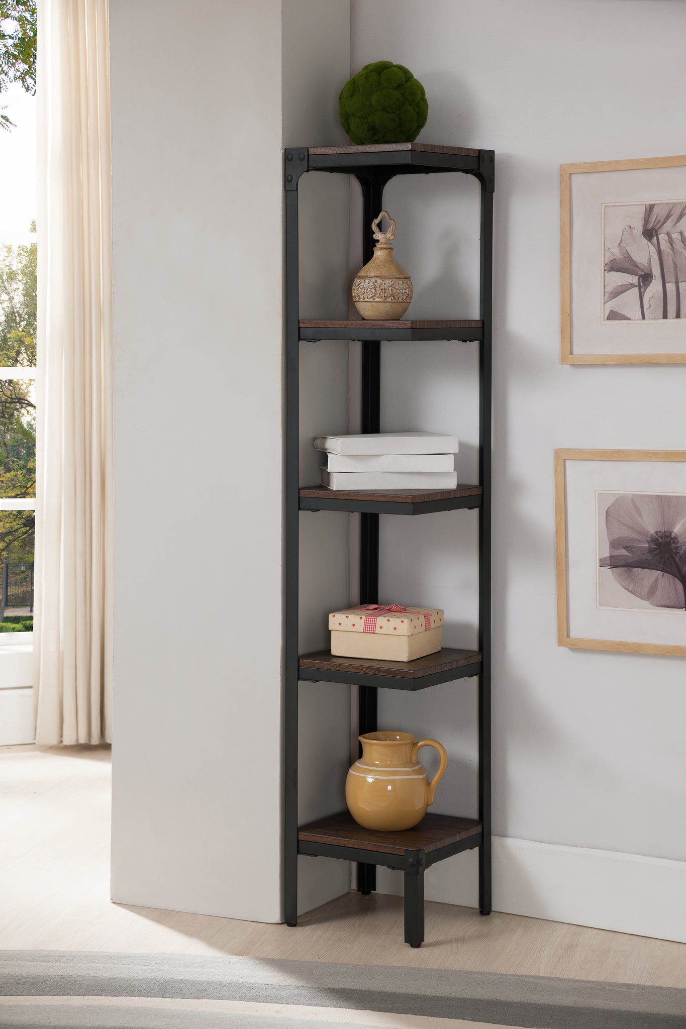 Catalina 5 Tier Shelves Corner Bookcase Walnut Wood Black Metal