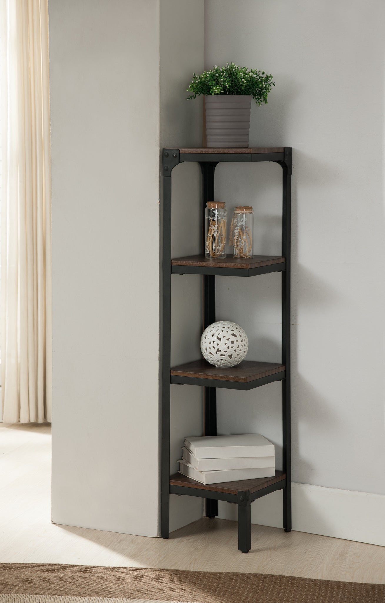 Catalina 4 Tier Shelves Corner Bookcase, Walnut Wood &amp; Black Metal