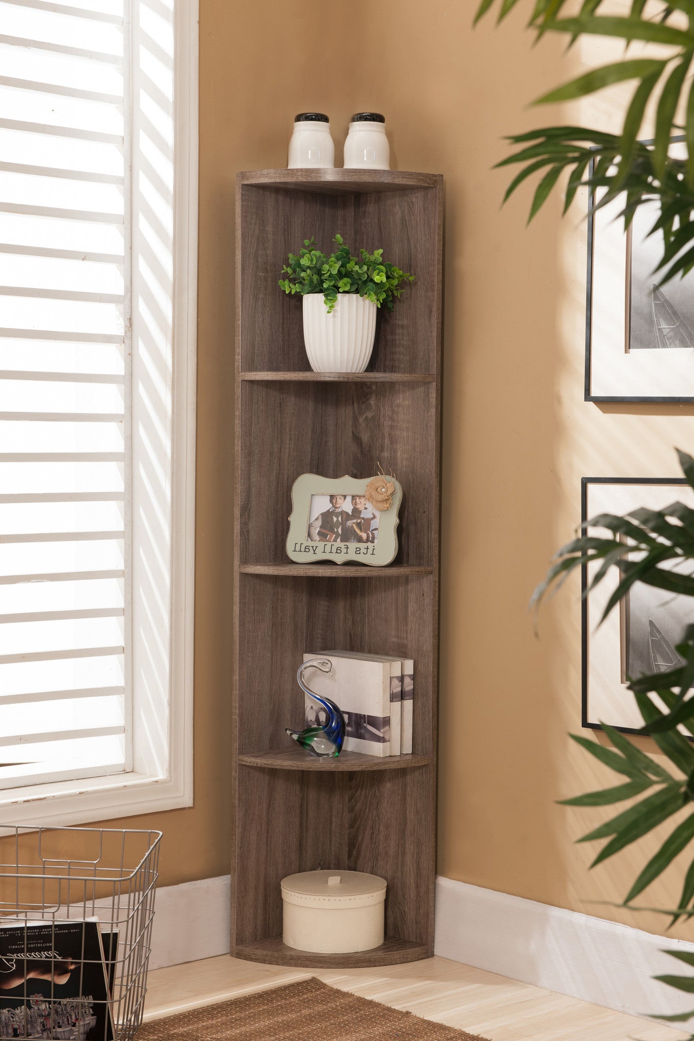 Grey Wood 4 Tier Corner Wall Bookcase Storage Shelves Display Stand