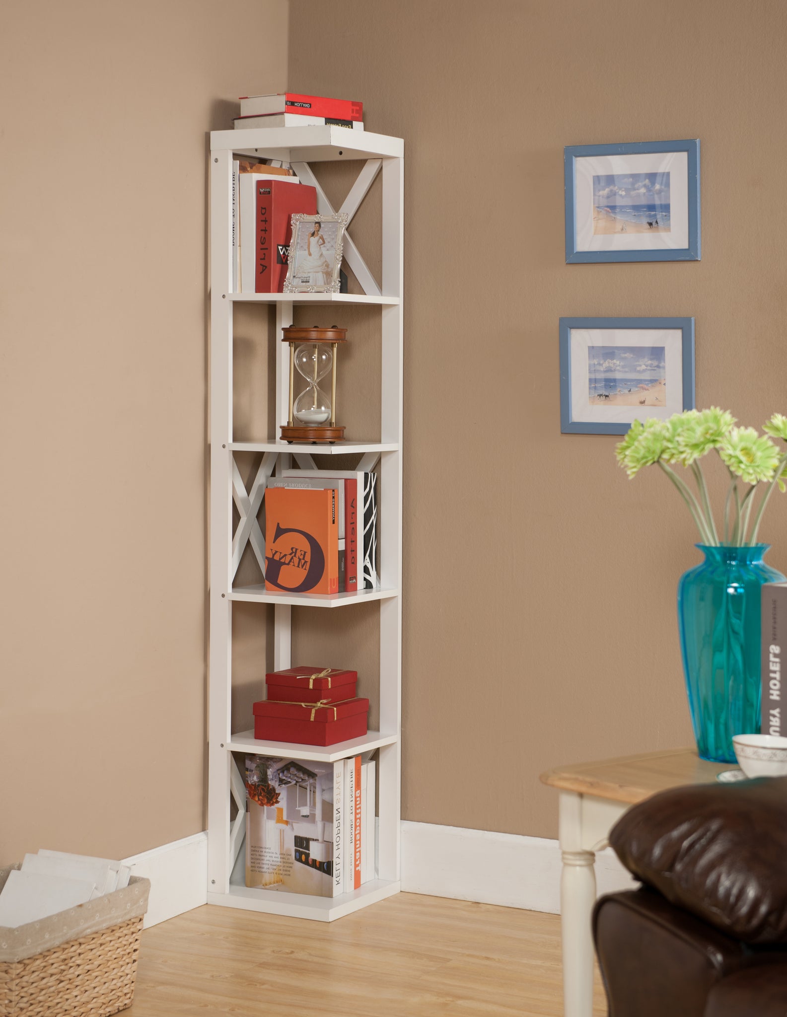 Dacey 5 Tier Corner Wall Bookcase Bookshelf White Wood