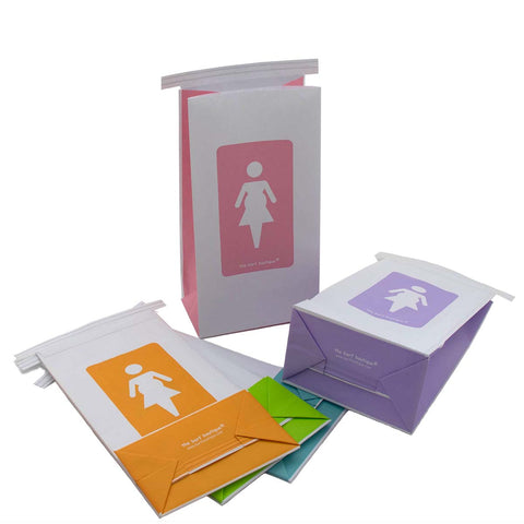disposable morning sickness vomit barf bags with a pregnant lady logo on the front in a variety of colors by The Barf Boutique
