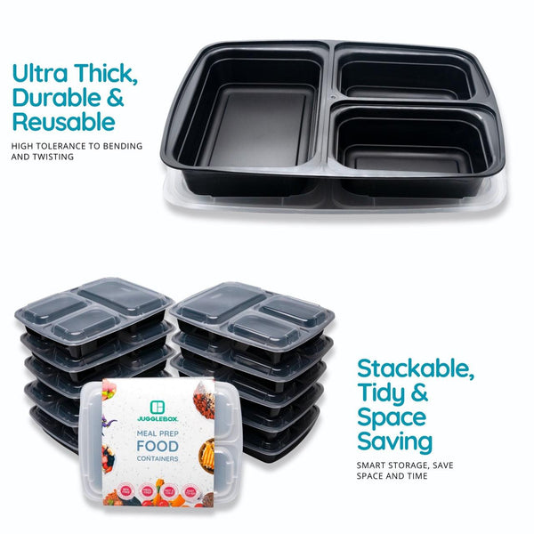 10 Pack 2-Compartment Reusable Meal Prep Containers Black [880ml] –  Jugglebox Australia