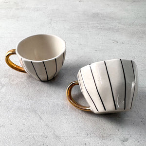 Iris Black Vertical Striped Ceramic Cup with Golden Handle