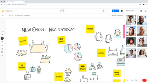 A screenshot of the Jamboard app on the web. There are various sticky notes, drawings and text on the whiteboard. On the right-hand side of the screen, an active Google Meet call is displayed with the video tiles of eight participants.