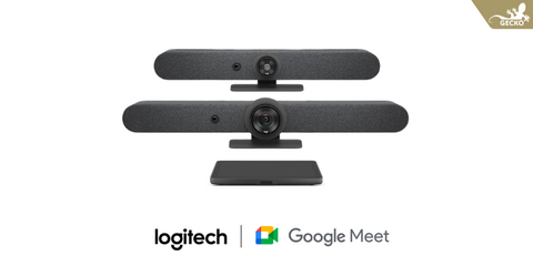 An image of the Logitech Rally Bar Mini, Rally Bar and Tap IP stacked on top of eachother. Underneath, the Logitech logo and Google Meet logo are next to each other.