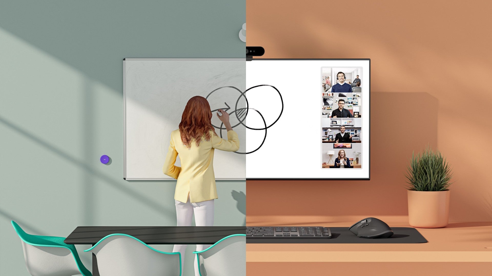 An image split vertically down the middle into two sections. On the left-hand side, there is an image of a woman in a meeting room drawing on a whiteboard. A Logitech Scribe is mounted on the wall above the whiteboard and a share button is mounted next to the whiteboard. On the right-hand side, there is an image of a video call on a desktop screen. The video call shows a clear view of what the woman in the meeting room is drawing on the whiteboard.