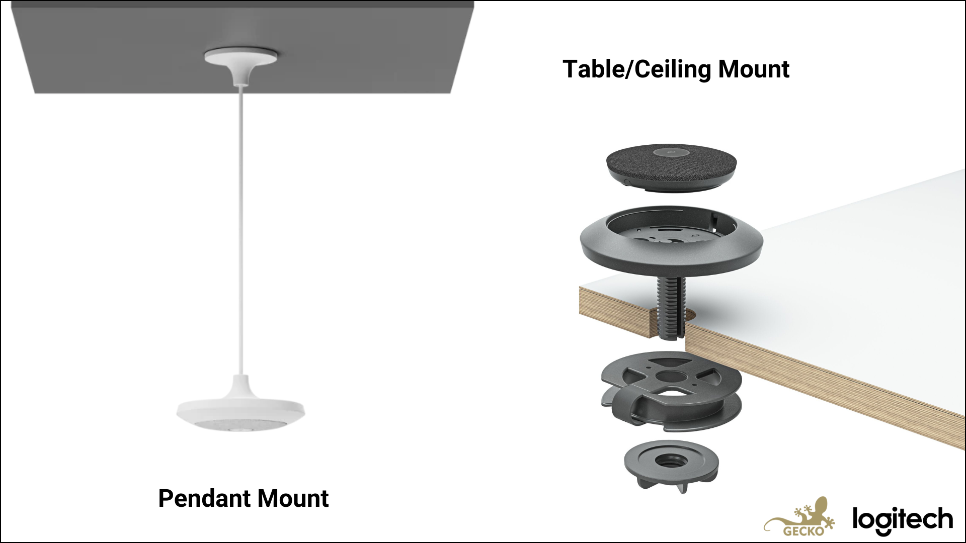 An image with the Logitech Rally Mic Pod mounts. On the left-hand side, the pendant mount in white can be seen hanging from a ceiling. On the right-hand side, the table/ceiling mount in graphite is being mounted to the edge of a table.