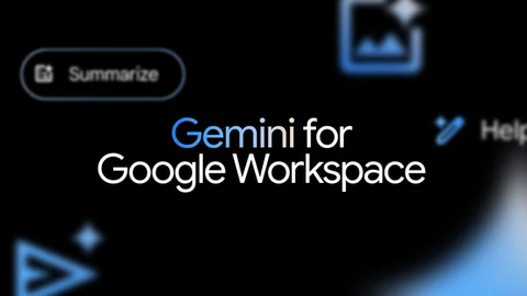 An image with text reading “Gemini for Google Workspace”. The text is centre-aligned and overlaid on a dark background with icons of the generative AI features found in Gemini for Google Workspace.