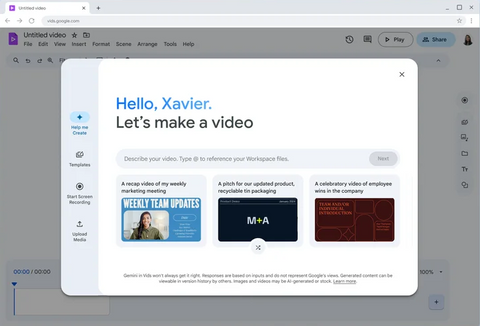 A screenshot of the new Google Workspace app: Google Vids. The screenshot shows a rectangular box with text reading “Hello, Xavier. Let’s make a video”. Below this, there is a prompt box with text reading “Describe your video. Type @ to reference your Workspace files”'. In the background, there is a new untitled video open.