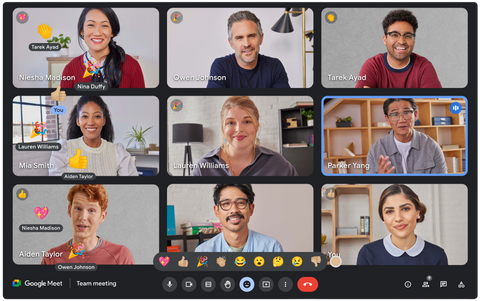 An image of a Google Meet call with in-meeting reactions. Each participant that has sent a reaction has a small emoji badge on the left of their video tile. Along the left-hand side of the screen, emoji reactions with the name of the corresponding sender are shown.