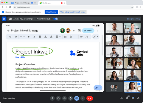 A screenshot of a user sharing a Google Docs file during a Google Meet call. The user has selected the pen tool from the annotation menu to highlight a specific section of the presented document. The video tiles of the participants are next to the presentation on the right-hand side of the screen.