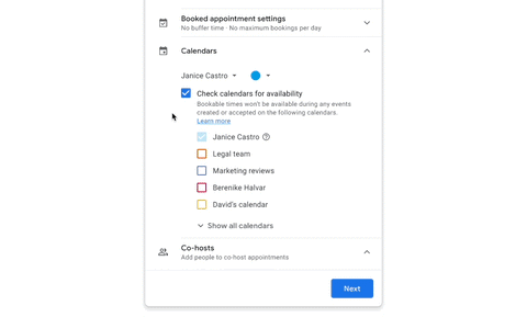 A short video of a user in Google Calendar setting up their appointment schedule. Underneath the “Calendars” setting, the user has the option to choose the calendar they want to use for their appointment schedule. The user clicks on the dropdown and chooses a secondary calendar called “Legal team”.