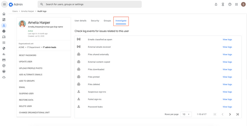 A screenshot of a user’s detail page in the Google Admin panel. The page shows information for a user called Amelia Harper. At the top of the page, there are four tabs: “User details”, “Security”, “Groups” and “Investigate”. The “Investigate” tab is selected and there is a list of events for issues related to the specific user. Next to each list item, there is a “View logs” button.