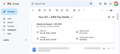 A screenshot of an email in Gmail on the web. At the very top of the email, there is a summary card displaying key flight information. This includes the origin and destination airports, flight number, departure and arrival dates and times, flight duration and the booking confirmation number.