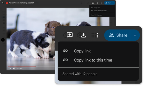 An image of two screenshots of a user in Google Drive. In the left screenshot, the user is watching a video. They have selected the dropdown on the “Share” button in the top-right corner of the screen to reveal two sharing options. The second screenshot, overlaid, shows a close-up of the two options: “Copy link” and “Copy link to this time”.