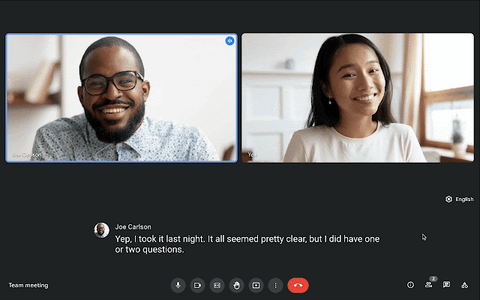 A screen recording showing two people in a Google Meet call conducted in English. One of the users enables live captions so that they can read in Spanish.