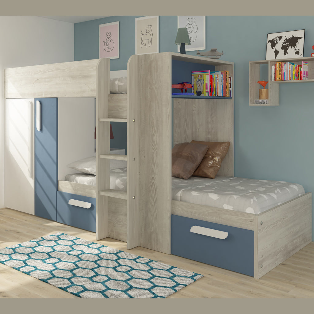 staggered bunk beds with storage