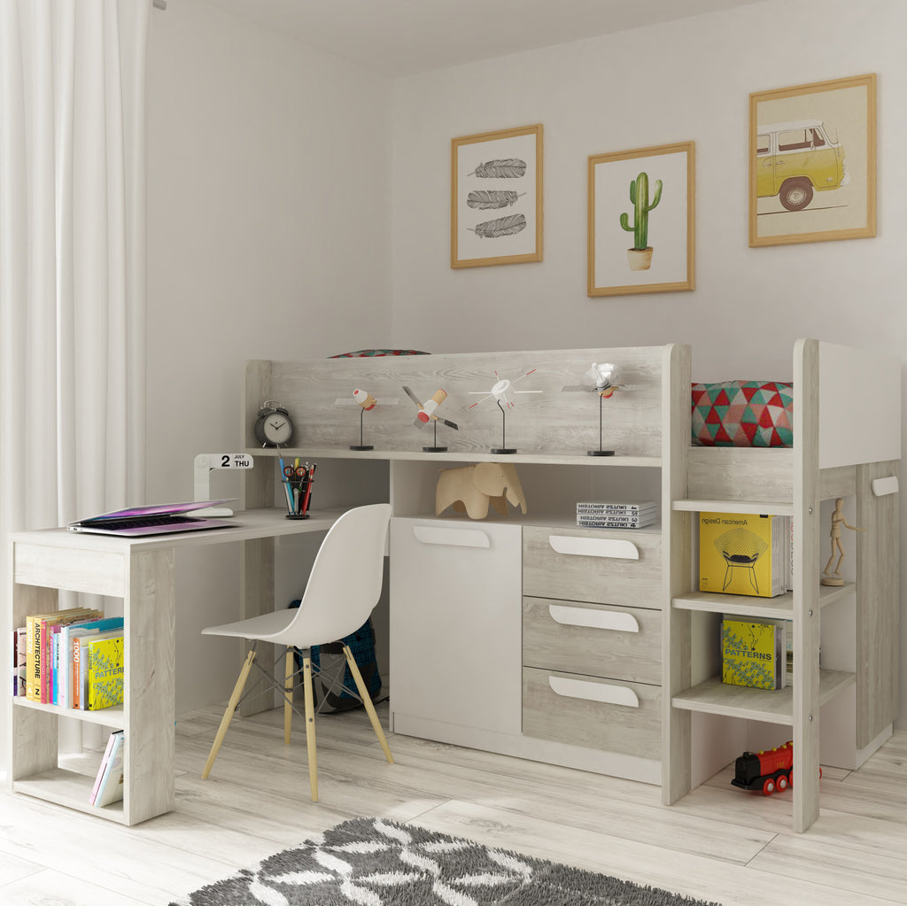 white mid sleeper bed with desk