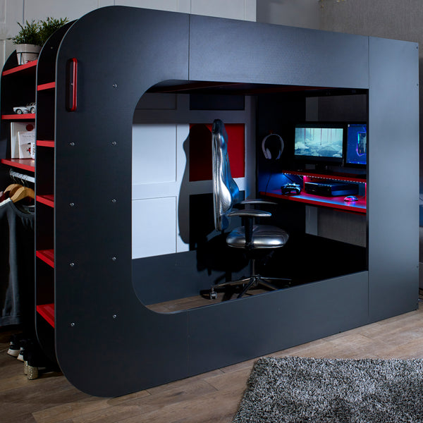 PodBed High Sleeper Gaming Bed with BuiltIn Desk & Open Wardrobe