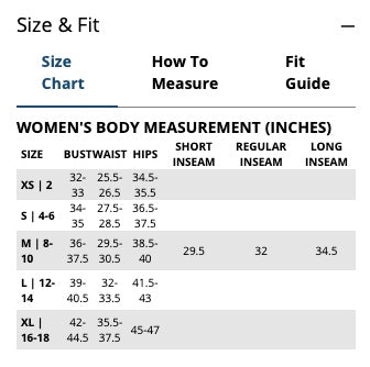 Columbia Clothing Size Chart