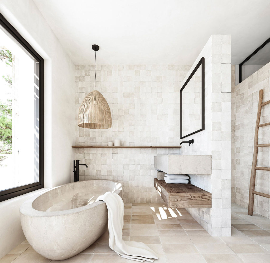 A bathroom with tiles, wooden shelves, and stone bath