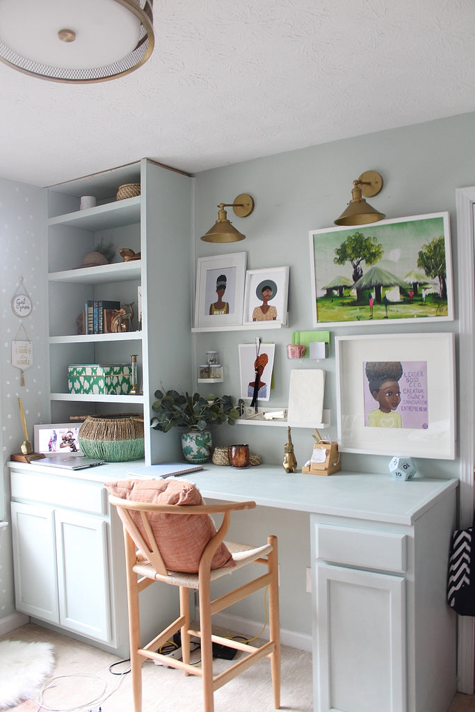 A colorfully-decorated home office space