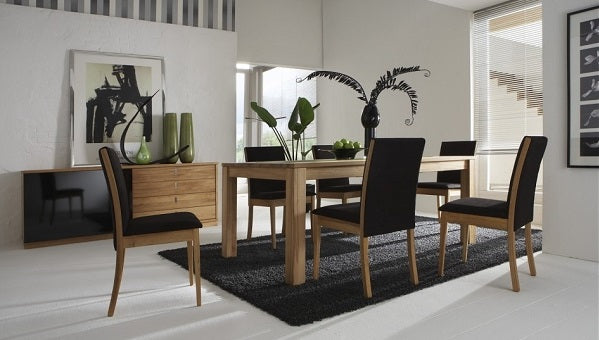 A modern, minimal, mostly monochrome dining space