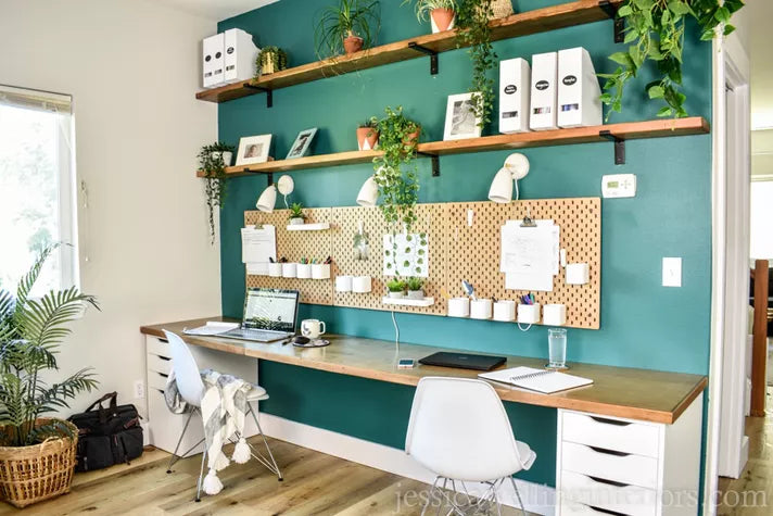 A colorfully-decorated desk area with shelves and houseplants