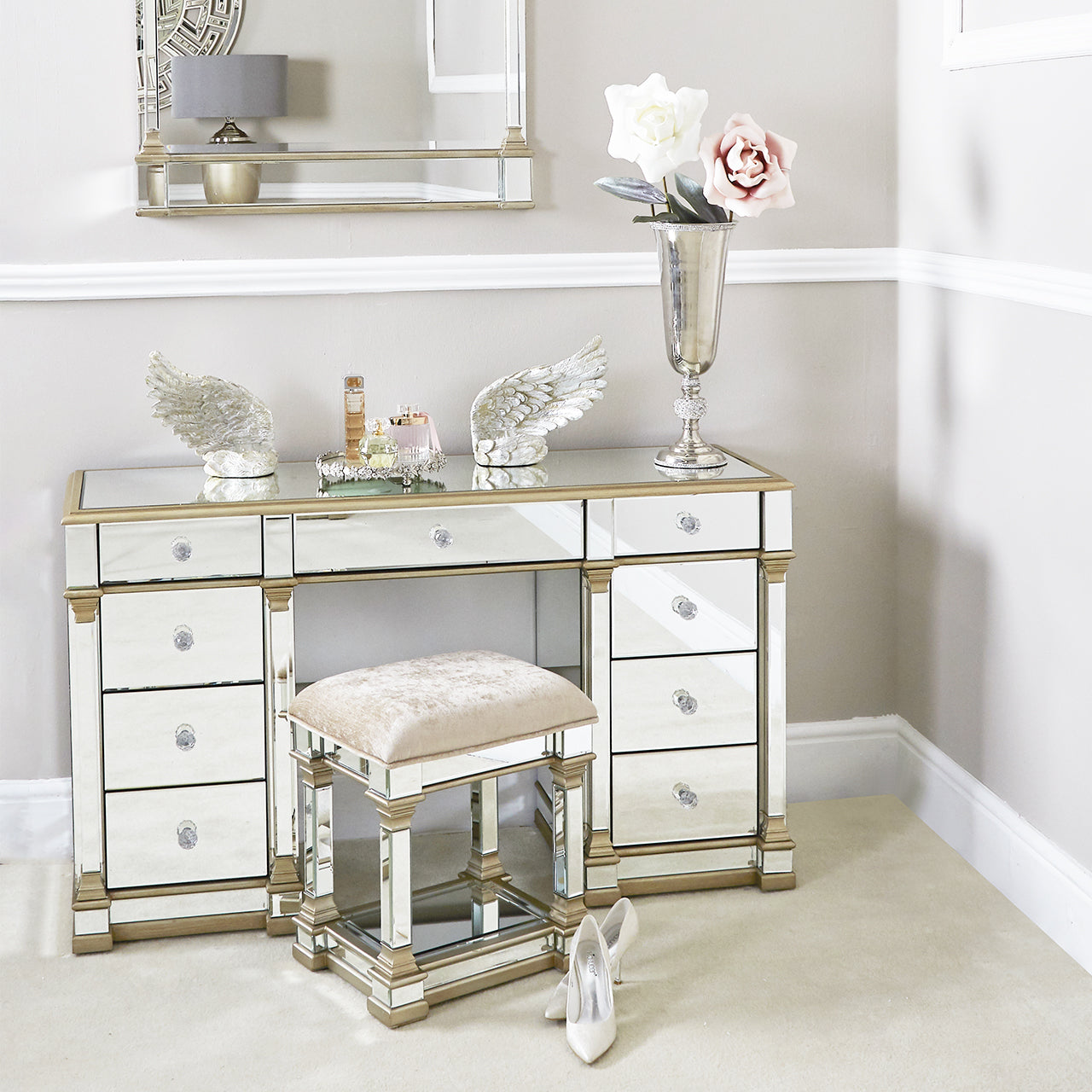 Athena Champagne Silver Venetian Mirrored Dressing Table And Stool Set Scoutabout Interiors