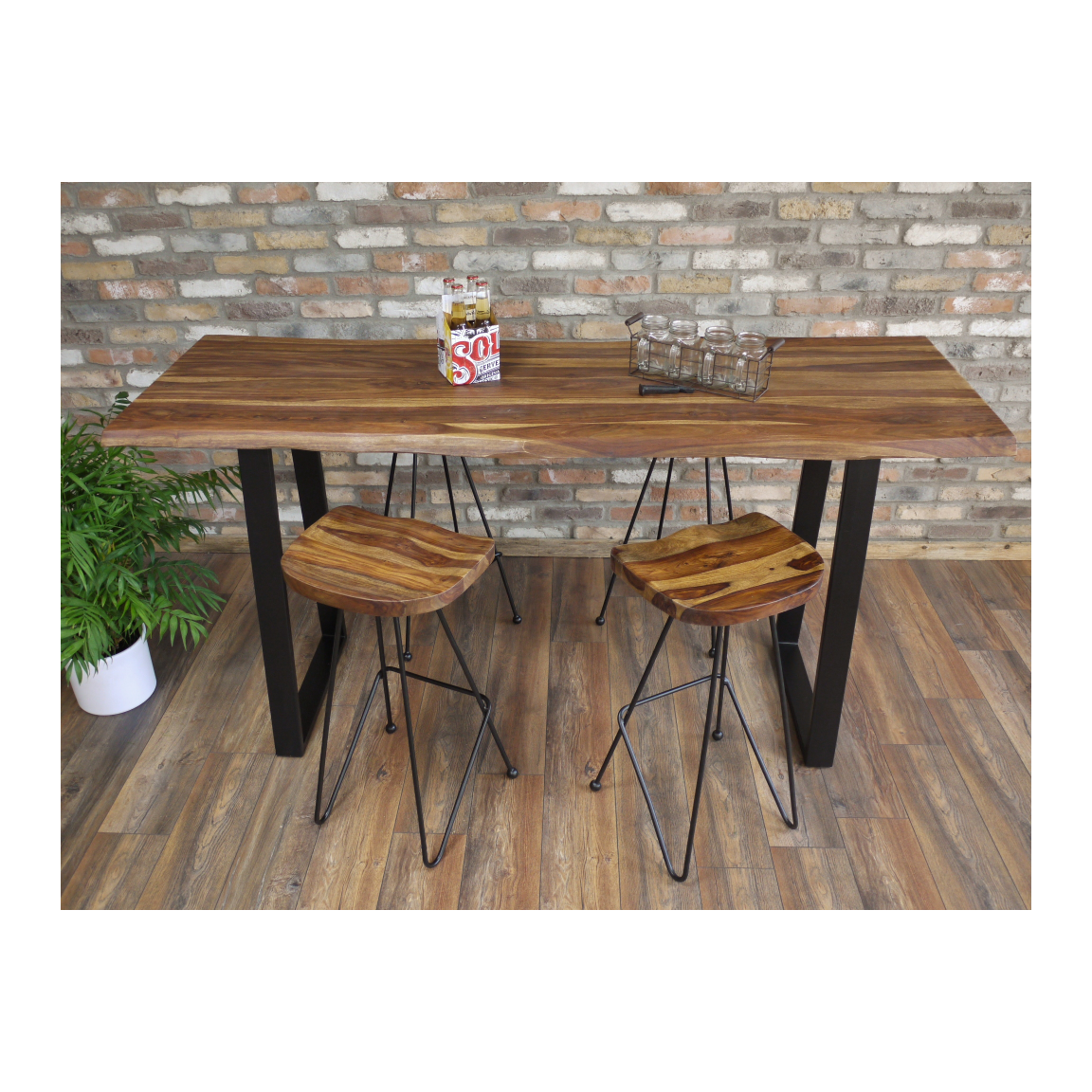 Hoxton Living Edge Sheesham Wood Breakfast Bar And 4 Stools 200 X 70 X 101cm