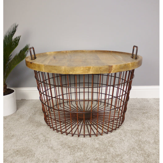 Hoxton Metal and Wood Industrial Retro Rusty Basket Side Table (76 x 76 x 52cm)