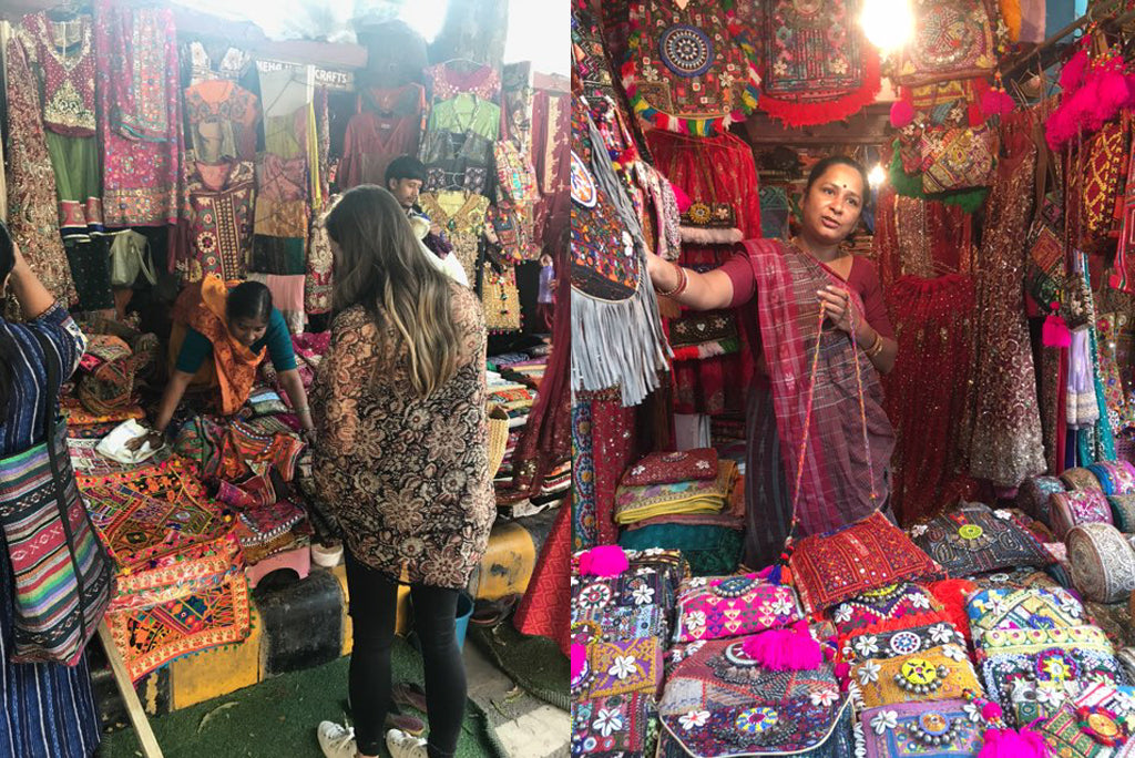 The girls from Pink Chicken look through the gorgeous fabrics of India.