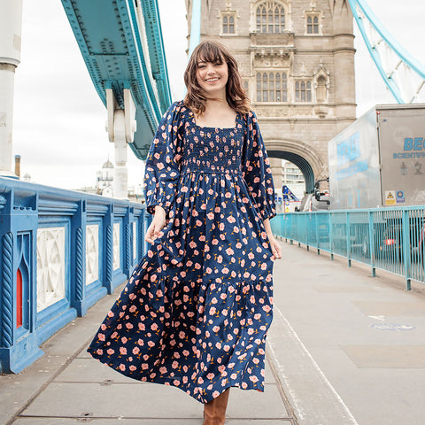 Girls Adaline Dress - Navy Flower Toss – Pink Chicken | Sommerkleider