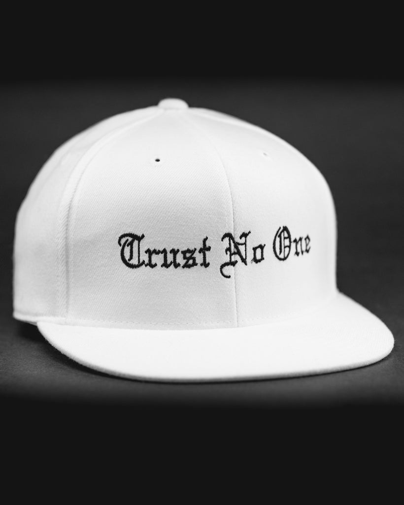 Trust No One Structured Flat Bill Hat - White