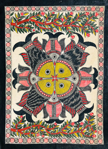 Symphony of Quadrants - Fishes of Madhubani, Madhubani Painting by Ambika Devi