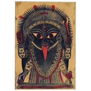A wooden cut print of Goddess Kali, Bengal; late 19th Century.