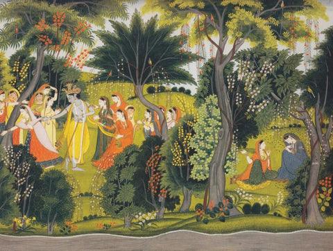 Krishna with gopis amidst bountiful vegetation