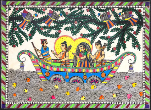 Ram, Sita and Lakshman's journey to the forest, Madhubani by Ambika devi