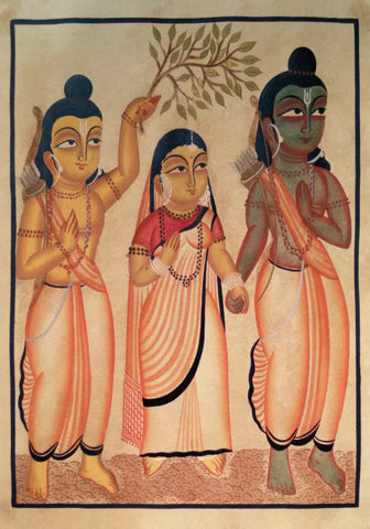 Ram, Sita & Laxman's Sacred Presence: Kalighat Art by Bapi Chitrakar
