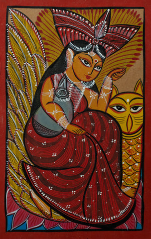 Goddess Lakshmi with Owl in Bengal Pattachitra