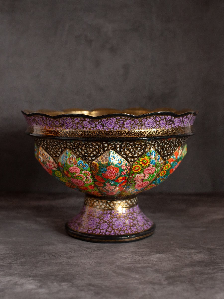 Multicoloured Paper Mache Floral Laquered Bowl With Detailed Floral Design  