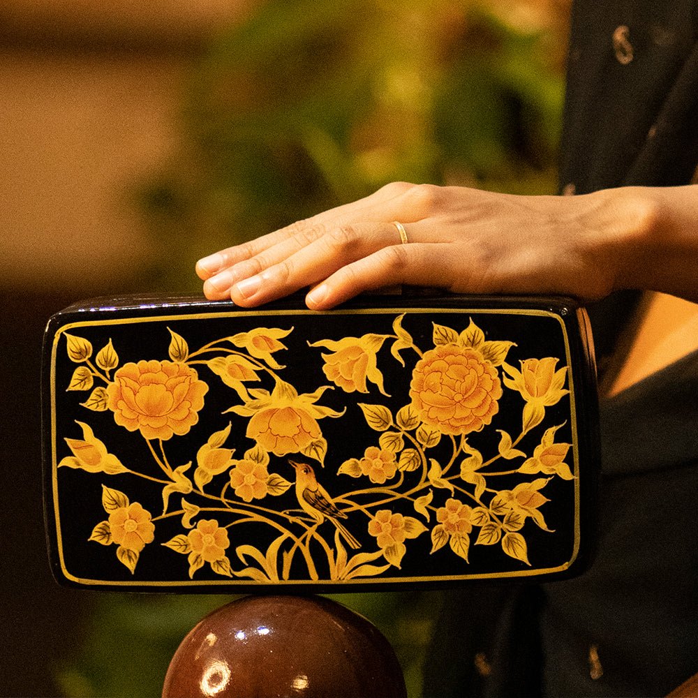 Papier Mache and Wood Clutch Bag with Hand-Painted Flowers