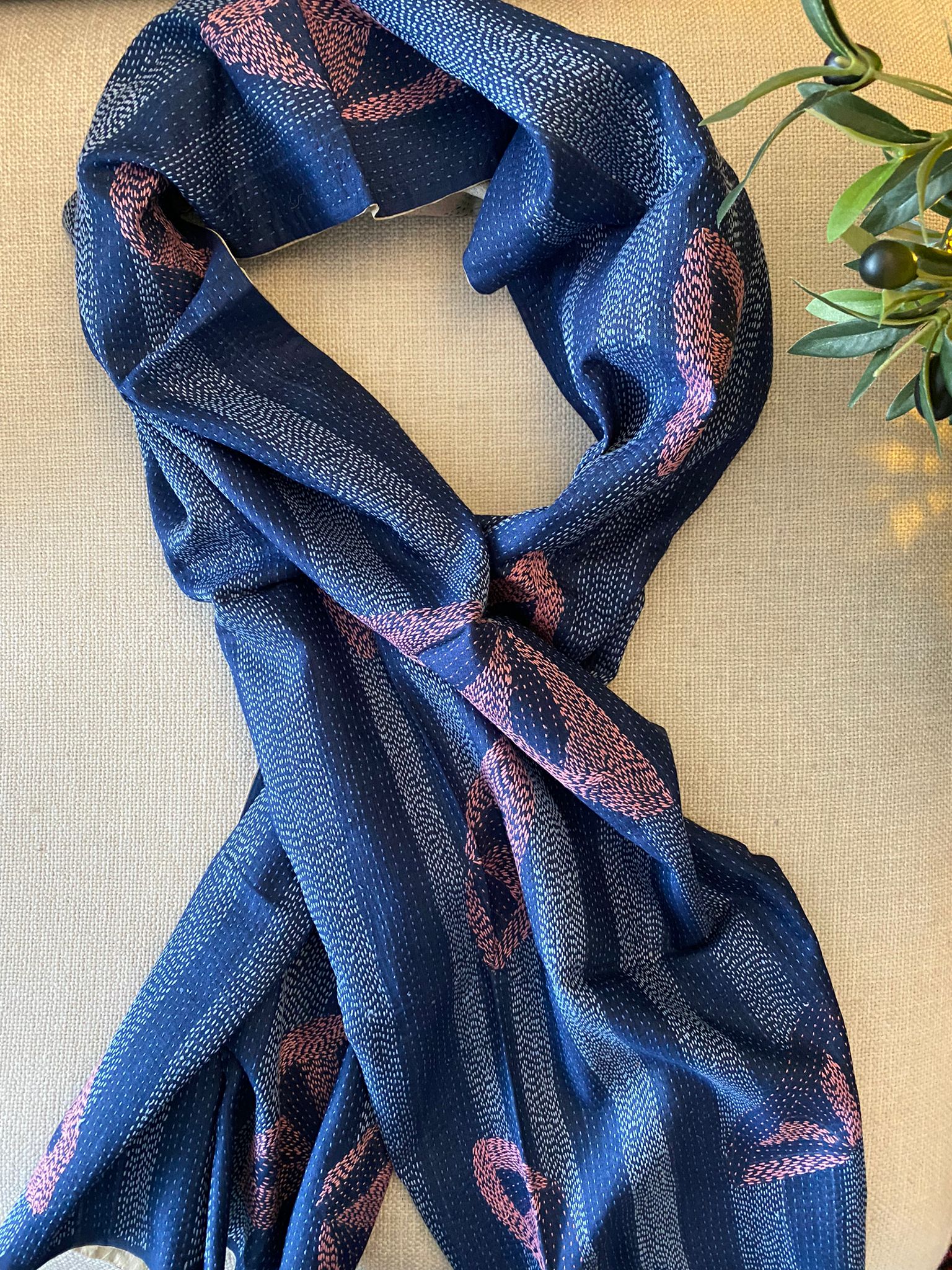 Sujani Hand embroidered Silk Stole, blue – MeMeraki.com