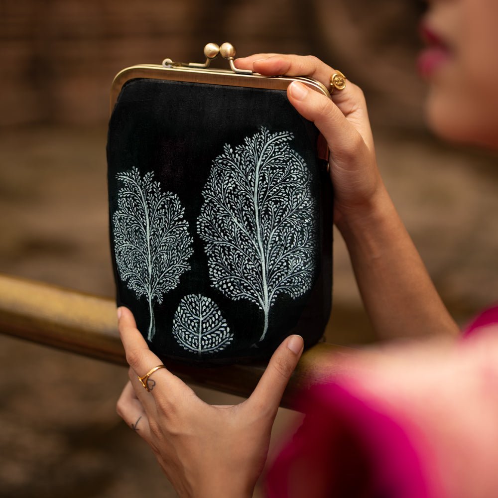 TREE OF LIFE, BLACK SILK CLUTCH –