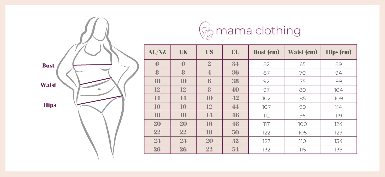 Mama Clothing | Breastfeeding Clothes Online | AU Size Chart 6 - 26 With Conversion to US, UK, EU Sizes