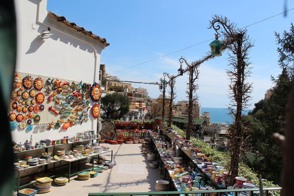 Beautiful view of the Amalfi Coast of Italy and Italian ceramics