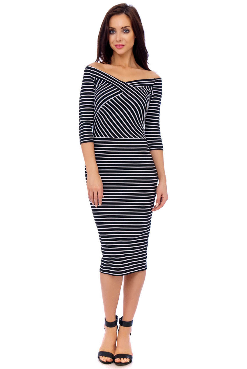 Black Stripe Design Criss Cross Midi Dress – Bridget's Boutique