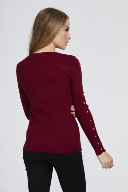 Wine Studded Sleeve Ribbed Top
