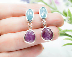 Ζαφείρι Raspberry και Ακουαμαρίνα ασημένια σκουλαρίκια