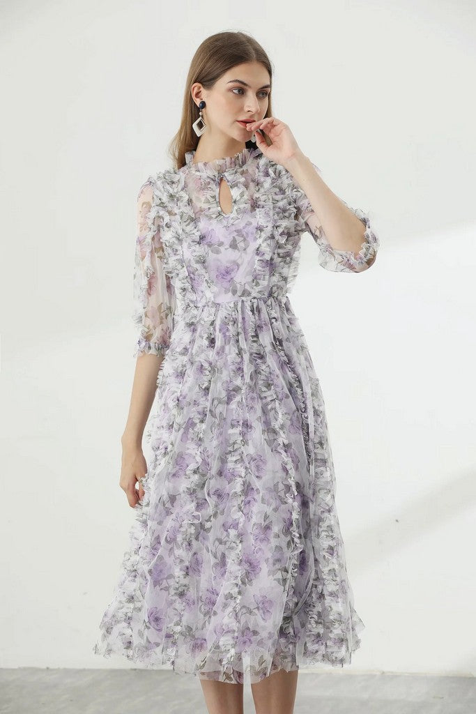 Purple Сocktail A-line High Neck Elbow Sleeve Below Knee Floral Ruffled Dress - Dresses